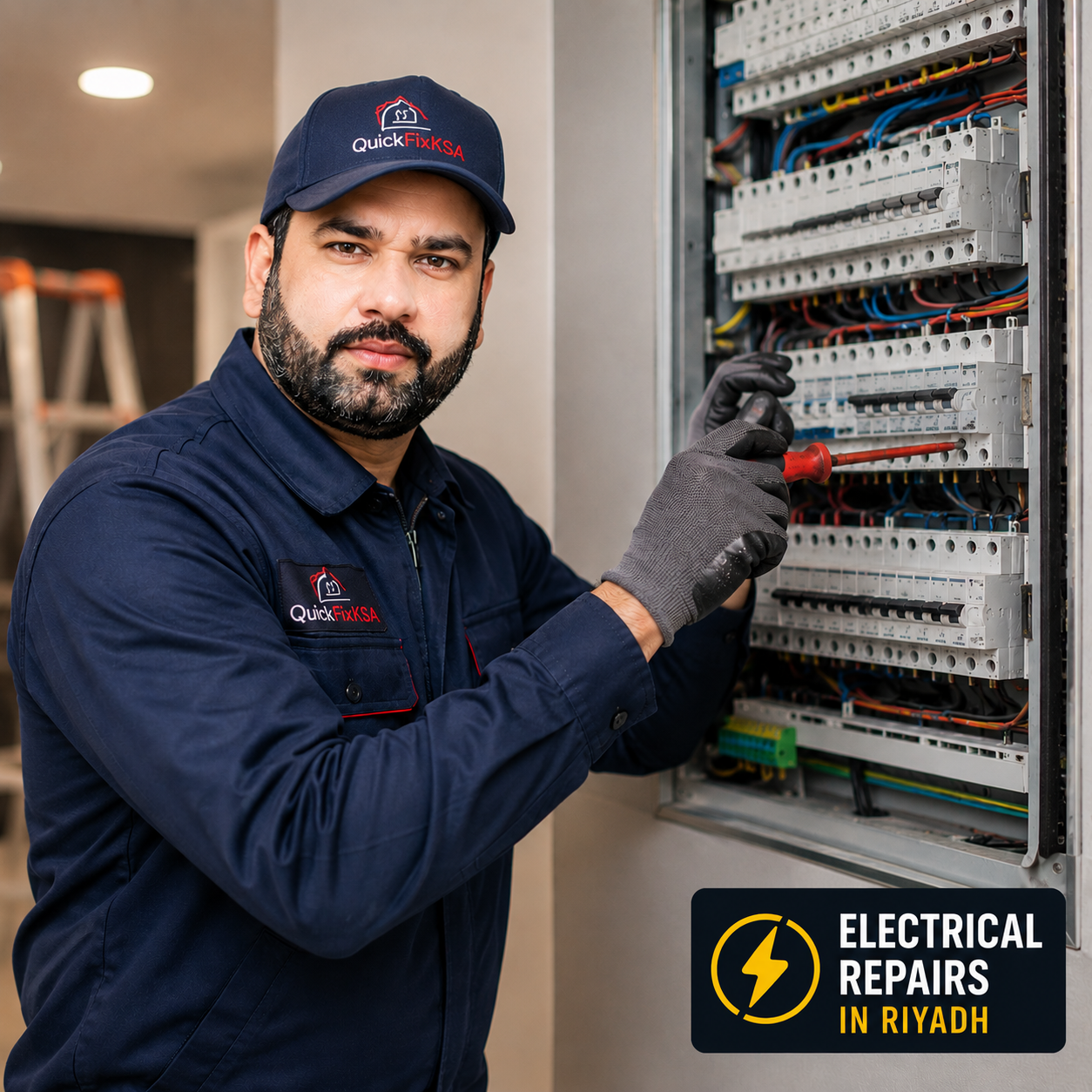 Professional electrician repairing electrical panel in Riyadh Saudi Arabia