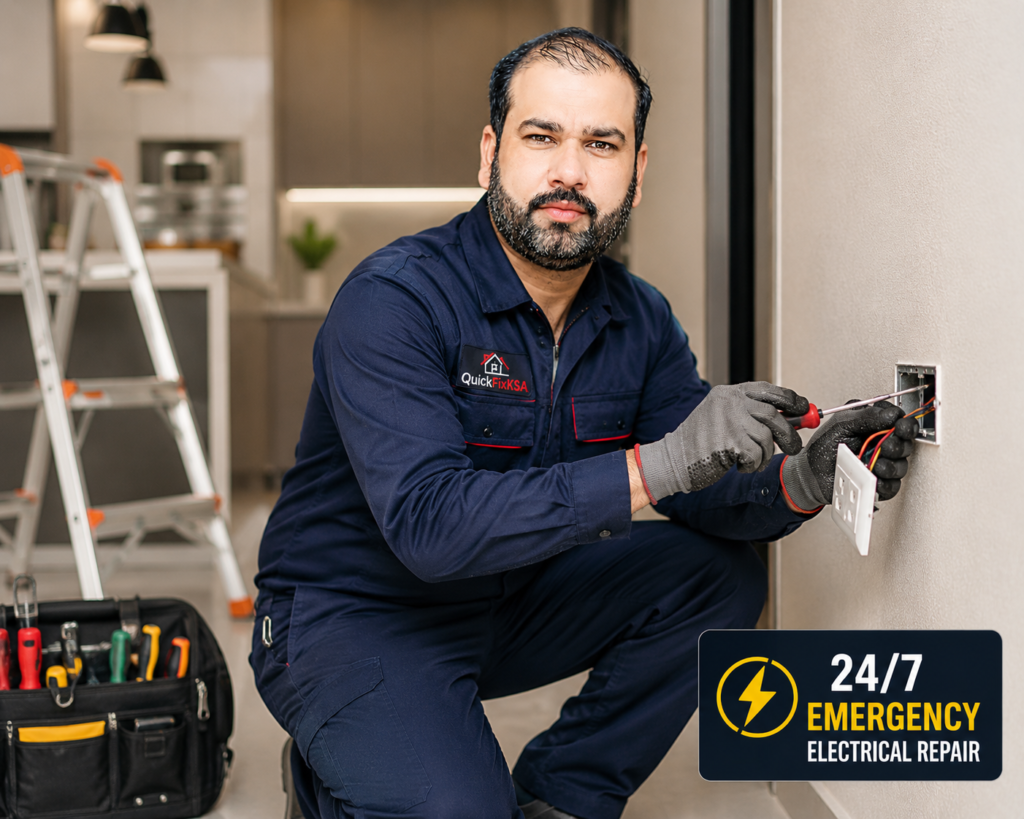 24/7 emergency electrician repairing electrical socket in Riyadh Saudi Arabia