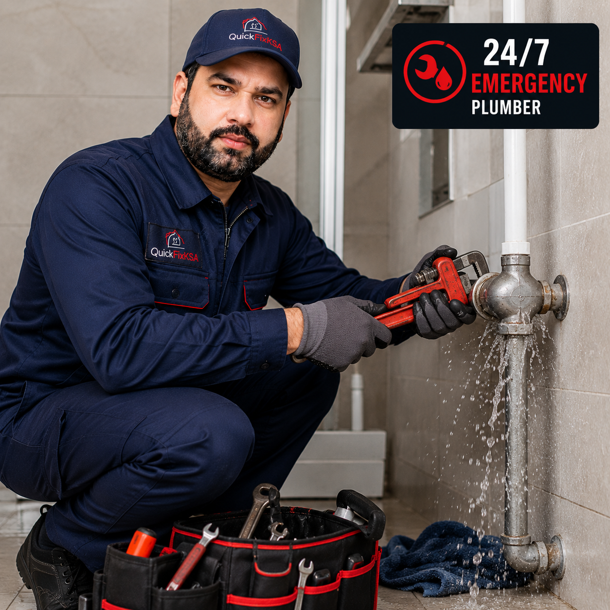 24 7 emergency plumber repairing leaking pipe in Riyadh Saudi Arabia