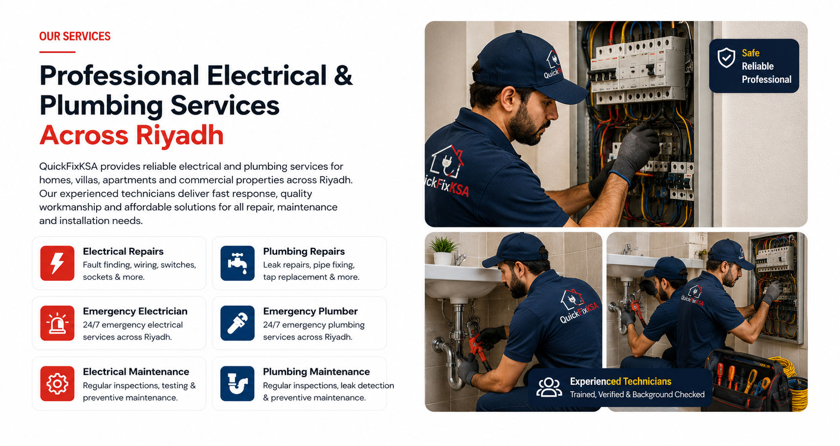 Professional electrical and plumbing services in Riyadh by QuickFixKSA including repairs, maintenance and emergency services
