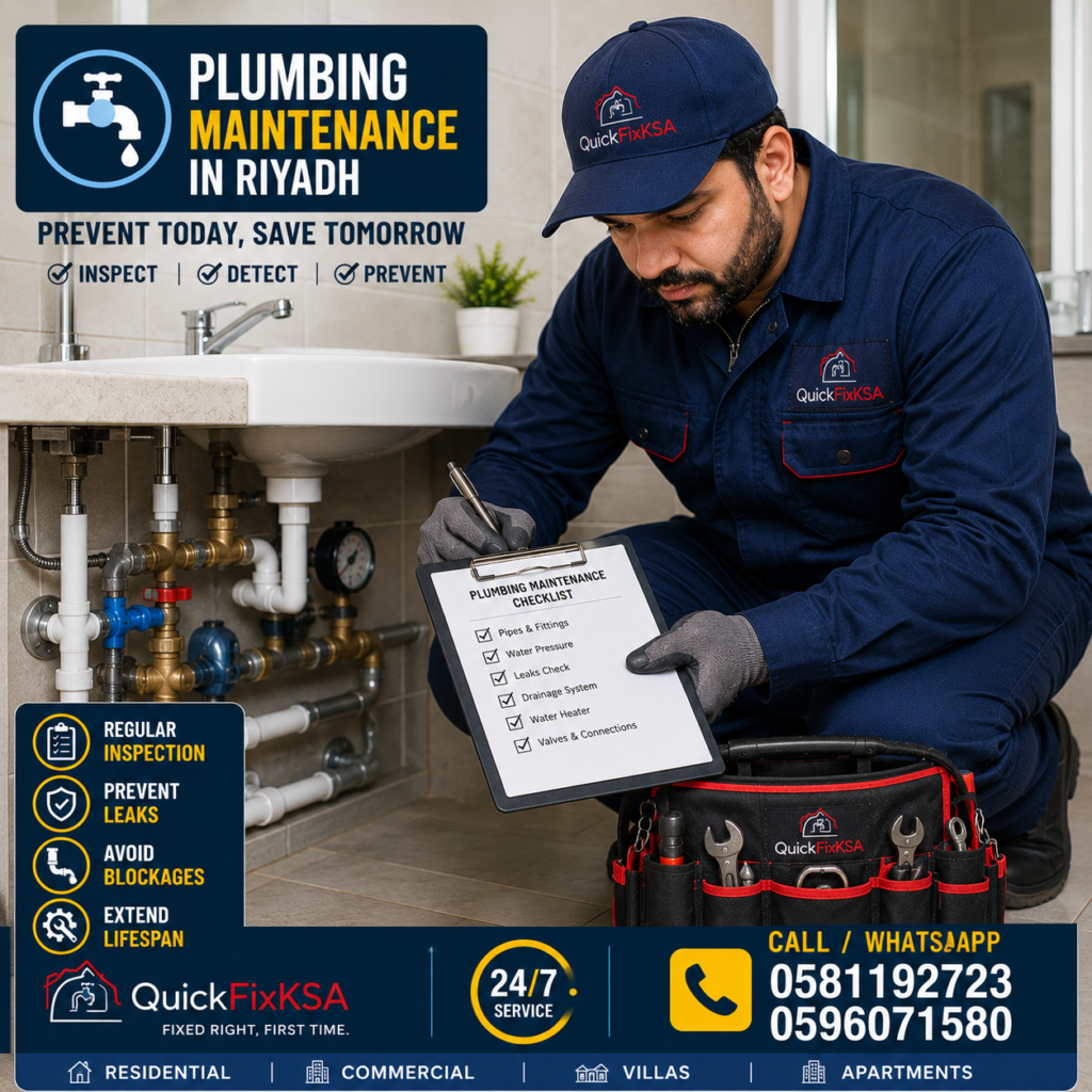 Professional plumber performing plumbing maintenance inspection in Riyadh Saudi Arabia