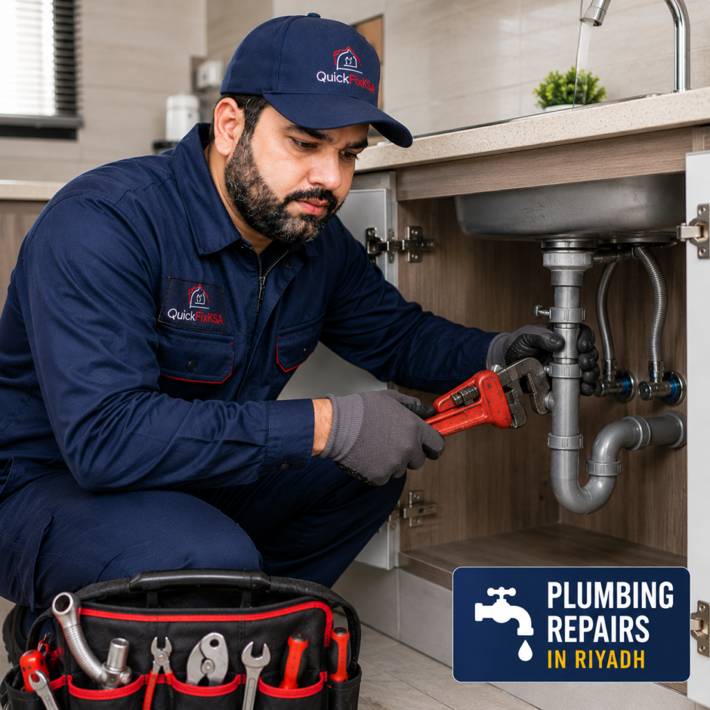 Professional plumber repairing kitchen sink pipes in Riyadh Saudi Arabia